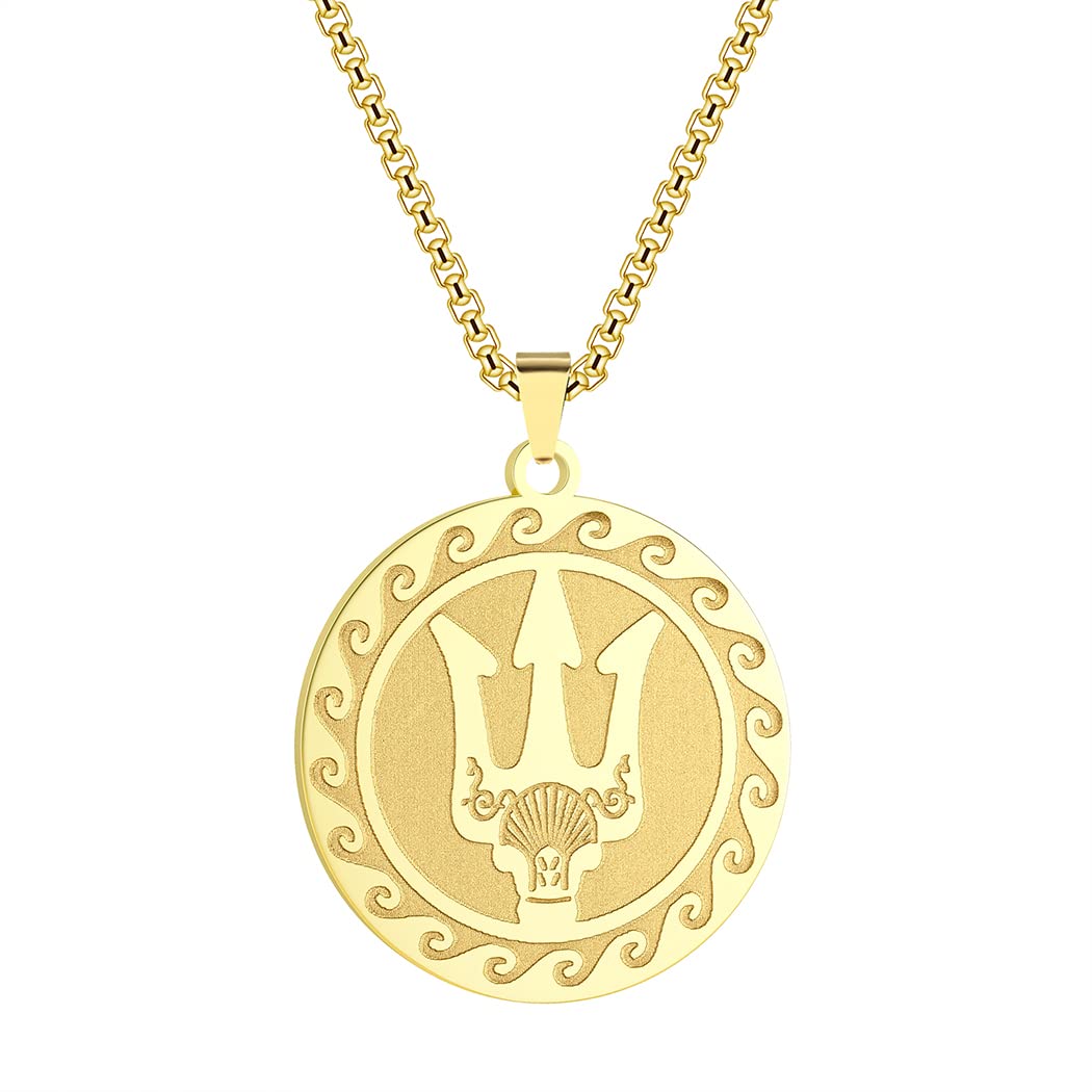 QIAMNI 316L Stainless Steel Coin Necklace for Poseidon Greek God of the Sea Pendant/Trident Talisman necklace Pendant Unisex (gold)