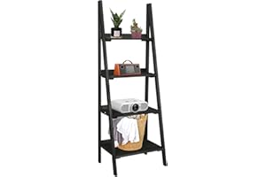 ECOMEX 4 Tier Ladder Shelf, Wooden Ladder Shelf 4 Tier Bookshelf Rustic Ladder Shelf Freestanding Storage Rack for Home Bedroom Office, Non-Foldable Black