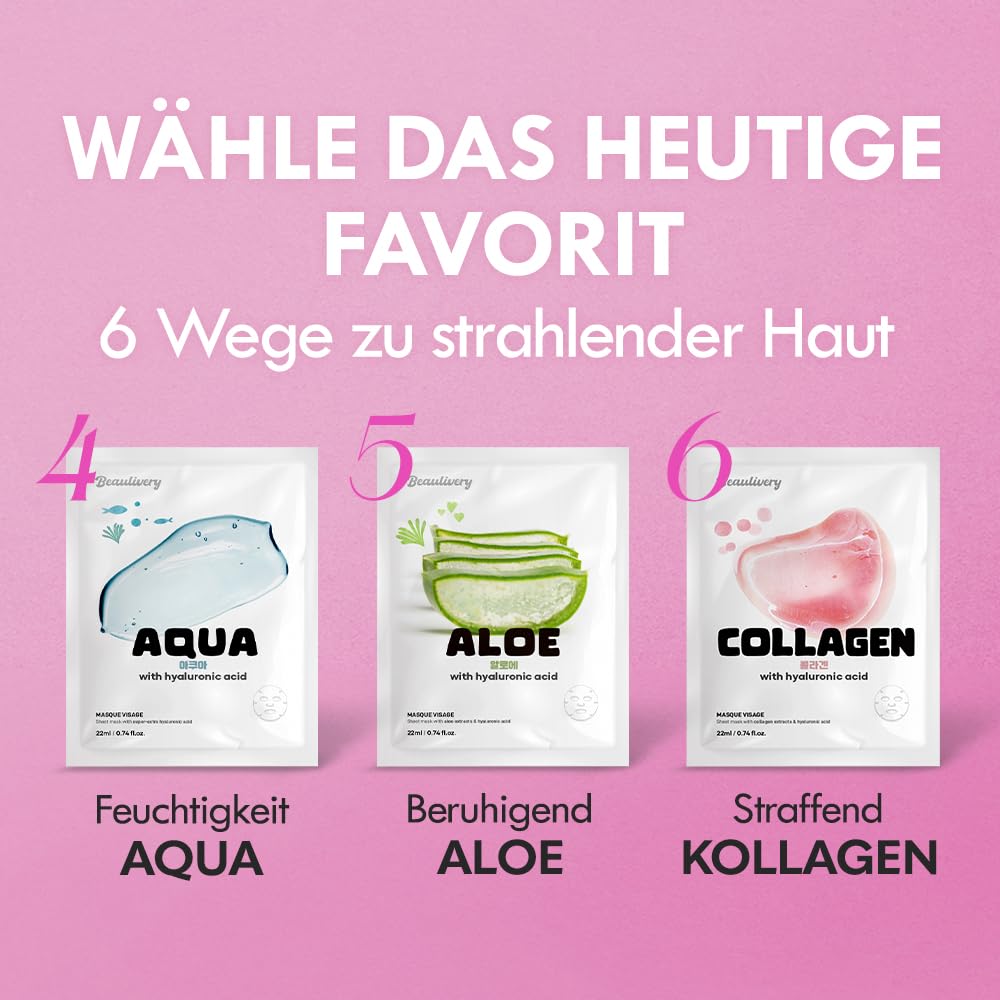 [12 Stück] BEAULIVERY Koreanische Gesichtsmaske mit Hyaluronsäure Tuchmaske, Korea Tuchmasken set 8