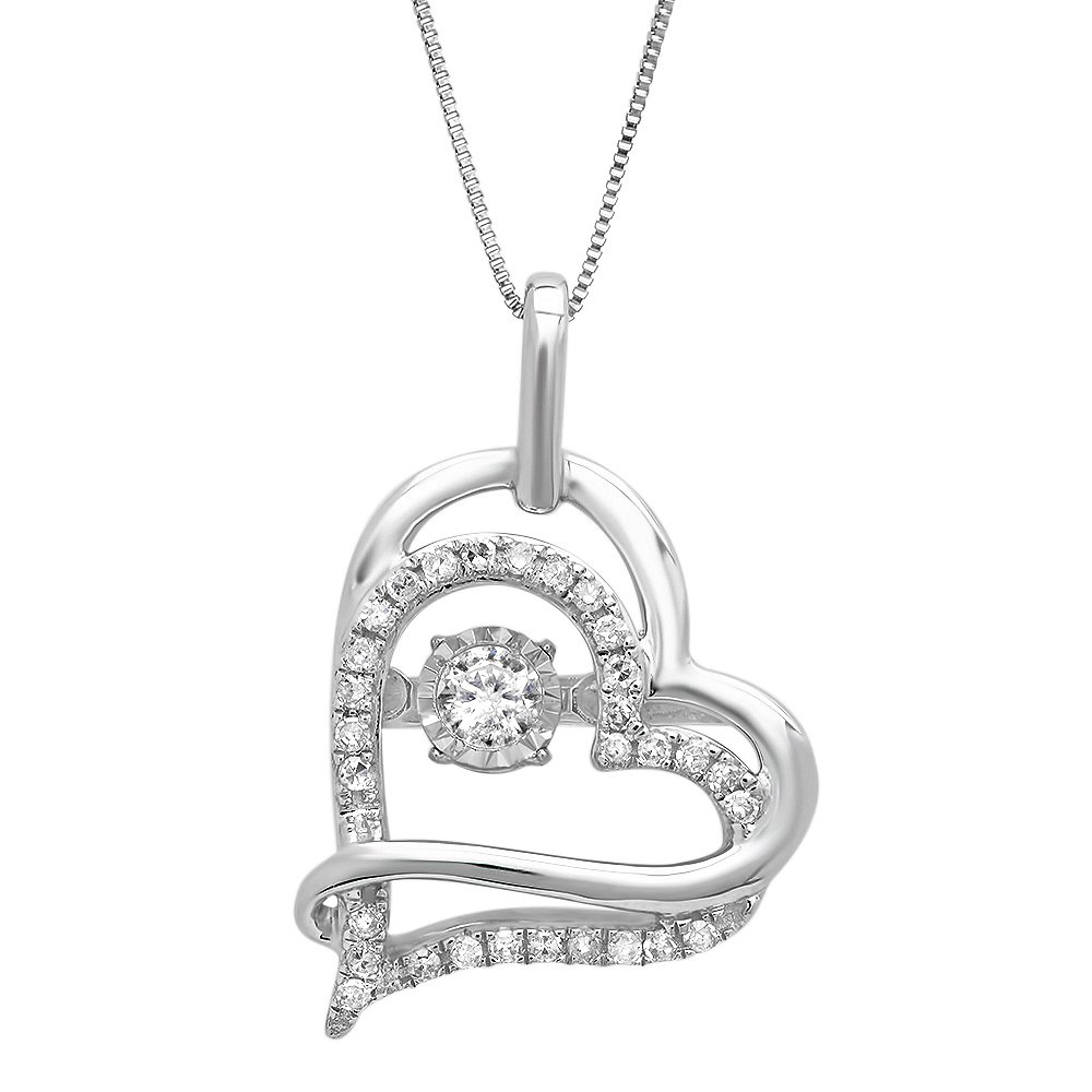 10k White Gold Genuine Dancing Diamond Heart Pendant Necklace (1/5 cttw, J-K Color, I2-I3 Clarity), 18"