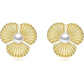 Luxury 14K Gold Plated Freshwater Pearl Stud Earrings - Hypoallergenic Four Leaf Clover Design for Women Gift Box Included