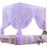 Nattey 4 Corners Princess Bed Curtain Canopy Canopies for Girls Boys Adults Bed Gift (Queen, Purple)