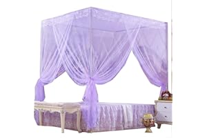 Nattey 4 Corners Princess Bed Curtain Canopy Canopies for Girls Boys Adults Bed Gift (Twin, Purple)