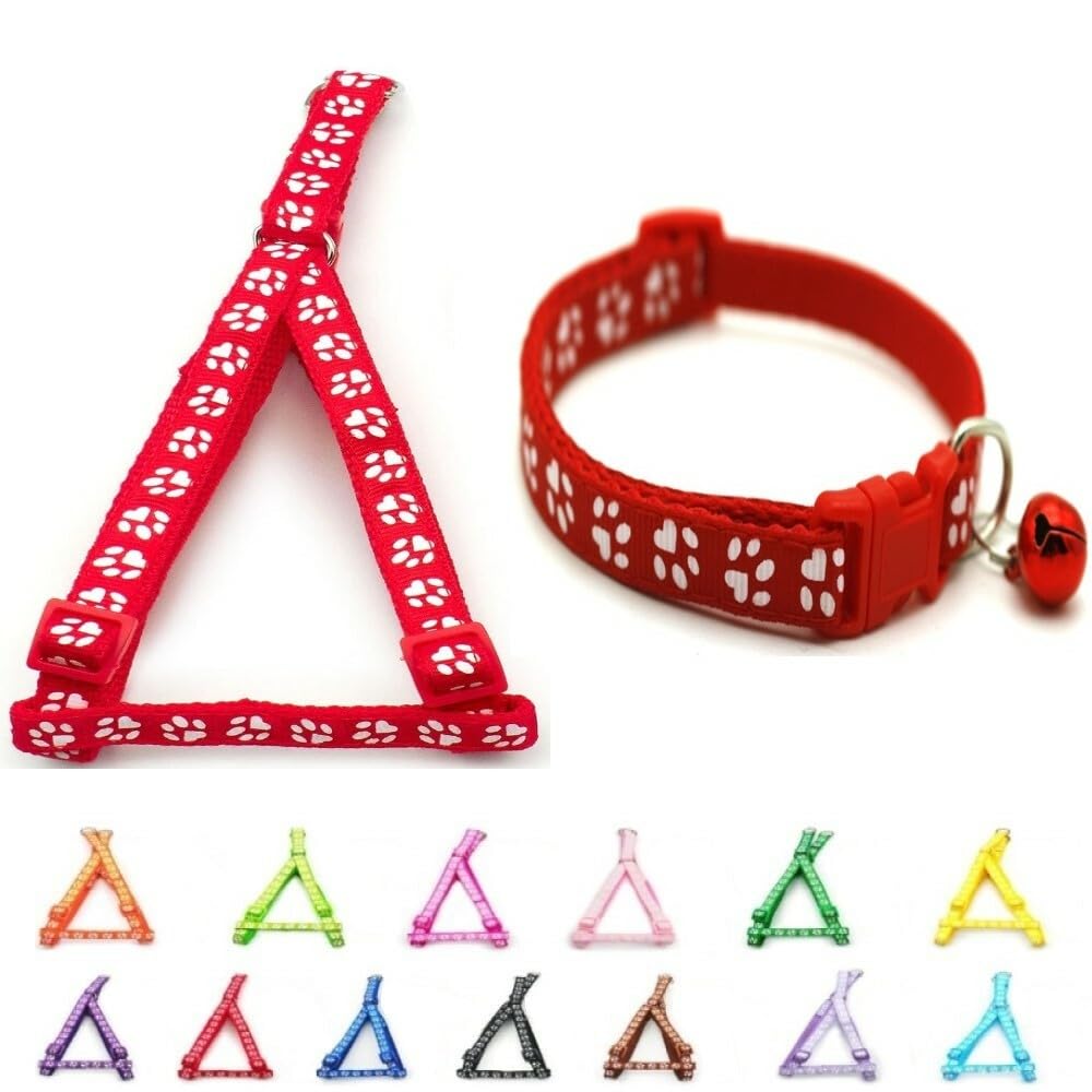 Small Dog Puppy Pet Collar and Harness Set Pawprint Design Nylon Adjustable Neck Size 19-32cm and Chest Size 21-34cm Red