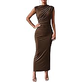 BTFBM Women's Ruched Bodycon Dress Summer Casual Sleeveless Lightweight Back Slit Elegant Club Party Cocktail Maxi Dresses