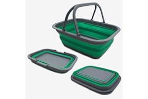 SAMMART 9.2L (2.37Gallon) Collapsible Tub with Handle - Portable Outdoor Picnic Basket/Crater - Foldable Shopping Bag - Space Saving Storage Container (1, Grey/Bluish-Green)