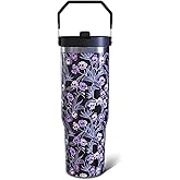 Aokoyi Halloween Gothic Skull 30oz Tumbler Gifts for Women Men, Skull Floral Stainless Steel Insulated Cup, Top Handle and Flip Straw Water Bottle Mug