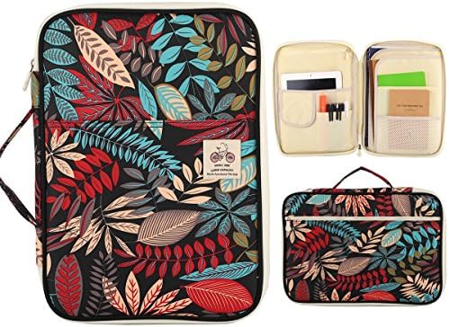 Large Capacity Multifunction A4 Document Bag - Leaf Pattern Waterproof Zipper Envelope Portfolio File Pocket Storage Organizer Document Folder for Travel Office (Red)