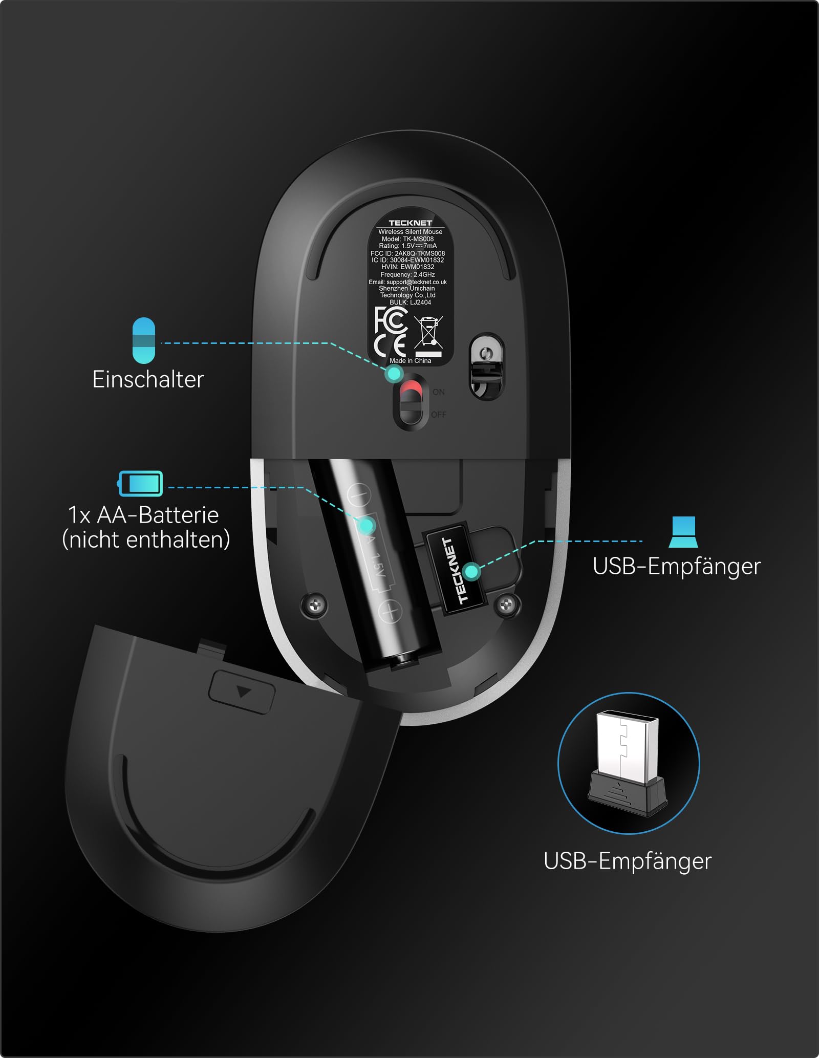 TECKNET Slim Maus Kabellos, 2,4 GHz Funkmaus mit USB C Adapter, 4800 DPI Maus mit 5 DPI Einstellbar, Silent Mouse, Ultra DüNne Wireless Mouse, Computermaus fur Mac/PC/Laptop,18 Monate Akkulaufzeit 5