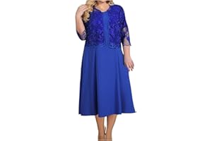 2 Piece Mother of The Bride Dress Suits for Wedding Short Sleeve Midi Dresses with Floral Mesh Lace Shawl Gown Sets