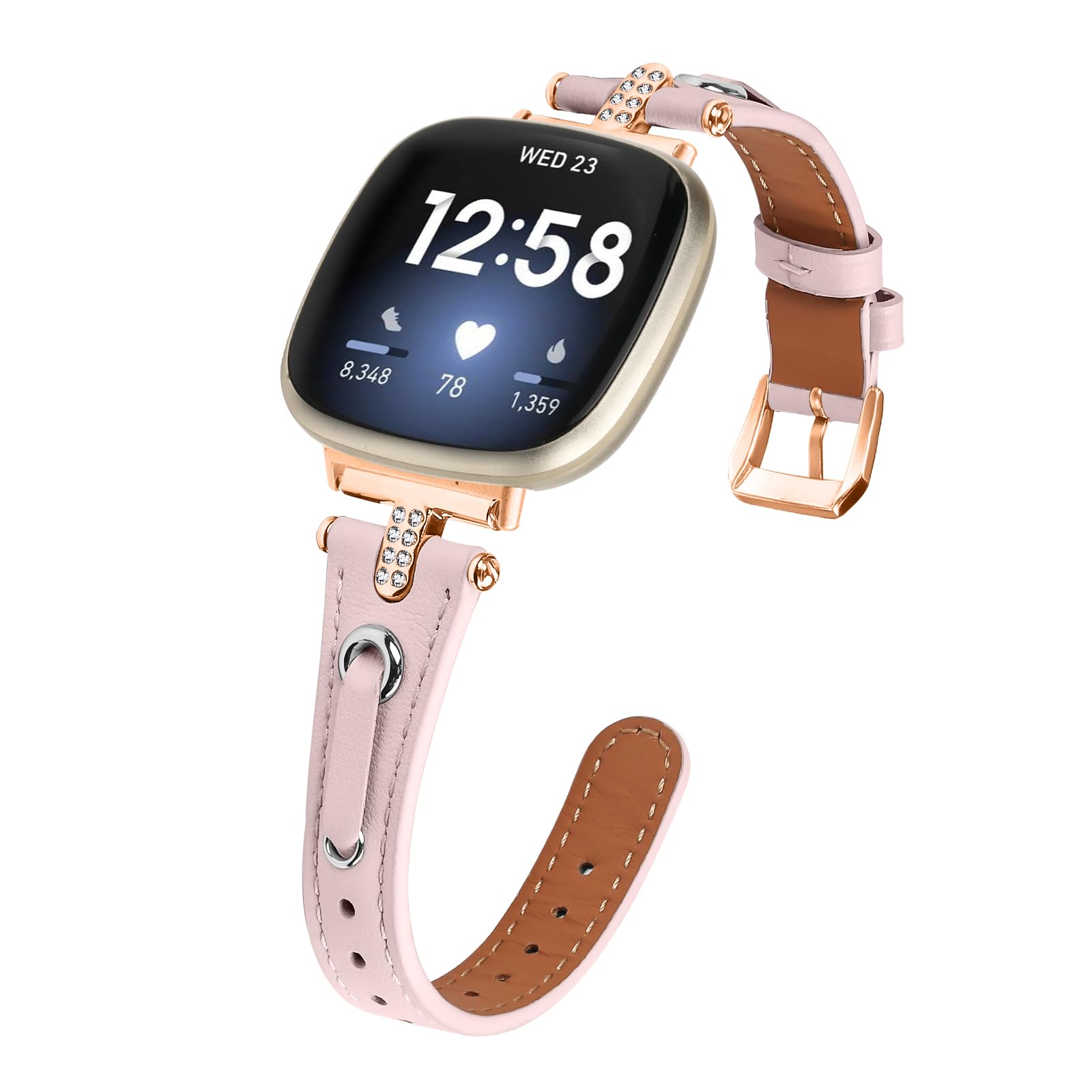 Leather Straps Compatible with Fitbit Versa 4/Versa 3 Strap for Women, Genuine Leather Wristband Metal Bling Rhinestone Replacement Watch Band Strap Bracelet for Sense 2/Sense (Pink/Rose Gold)