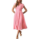 ROYLAMP Womens Summer Casual Dress Vintage Cocktail Wrap & Shape Dress V Neck Zipper Front Flowy Midi Dress with Pockets