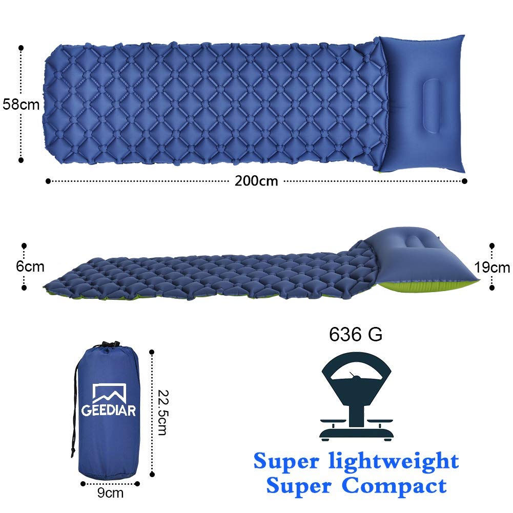 GEEDIAR Inflatable Sleeping Mat Ultralight Camping Mattress with Pillow