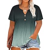RITERA Plus Size Tops for Women V Neck Button Up Short Sleeve Henley Tshirt Casual Blouse Pullover Basic 12W 14W XL-5XL