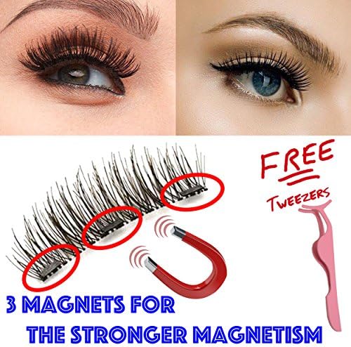 Magnetic Eyelashes with 3 Strong Magnets - Long Ultra Thin Full Size Magnetic False Eyelash Extension Set (4 pieces) with FREE Tweezers, 3D Reusable Glue-Free Fake Lashes, Natural Look 1 Pair