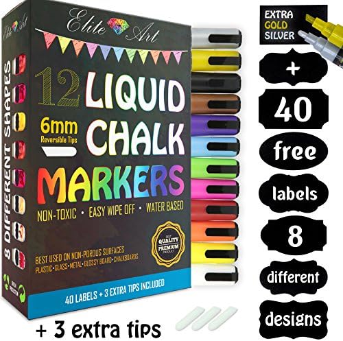 Liquid Chalk Markers 80% More INK - 12 Pack With Free 40 Chalkboard Labels - Amazing Neon Color Pens Including Gold And Silver Ink. Reversible Bullet And Chisel Tip And A Brand New Revolutionary Cap