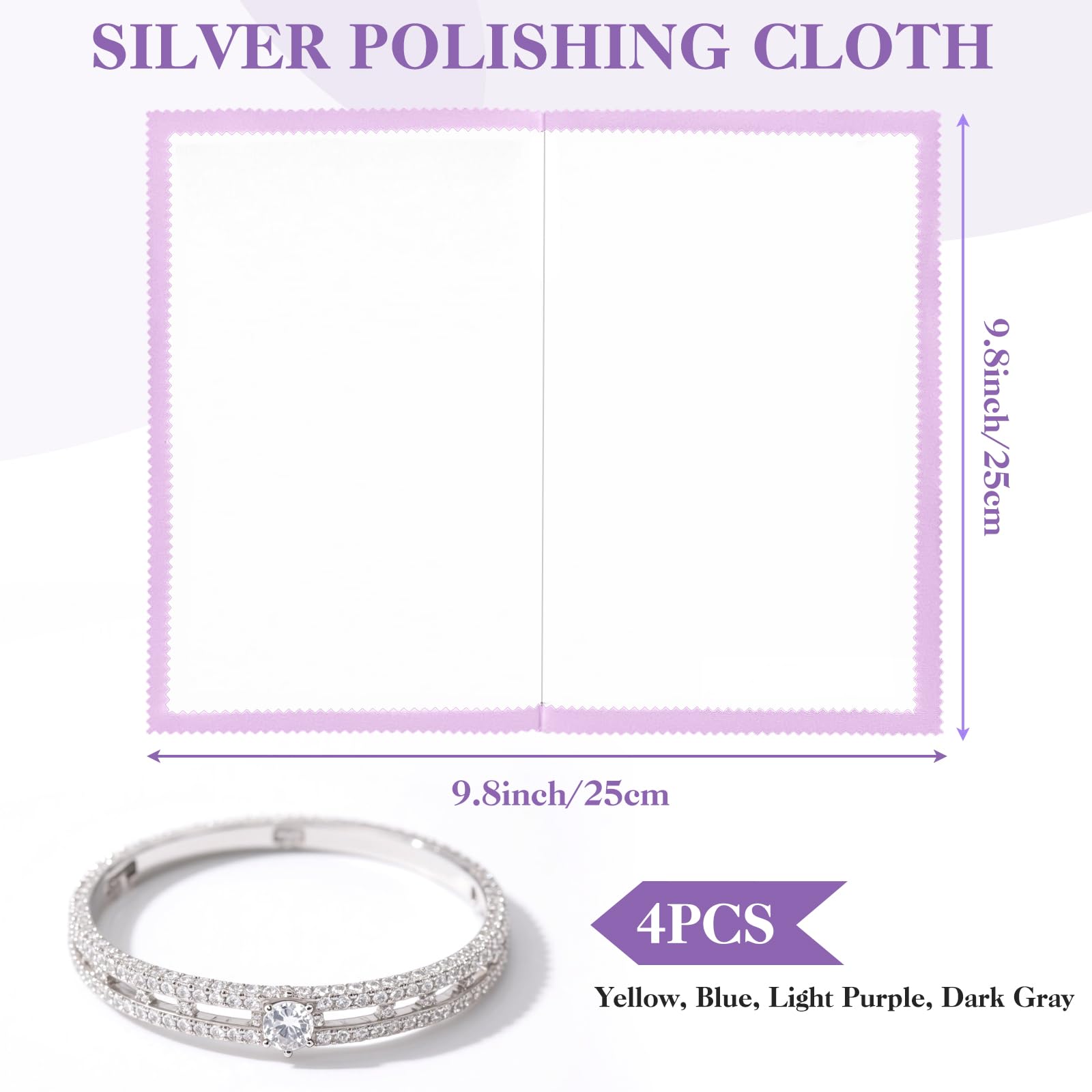 4PCS Silver Polishing Cloth, Large 10×12.5 Inch Soft Jewelry Polishing Cloth, Jewelry Cleaning Cloth for Sterling Silver Jewelry Gold, Platinum(Yellow, Blue, Purple, Gray)
