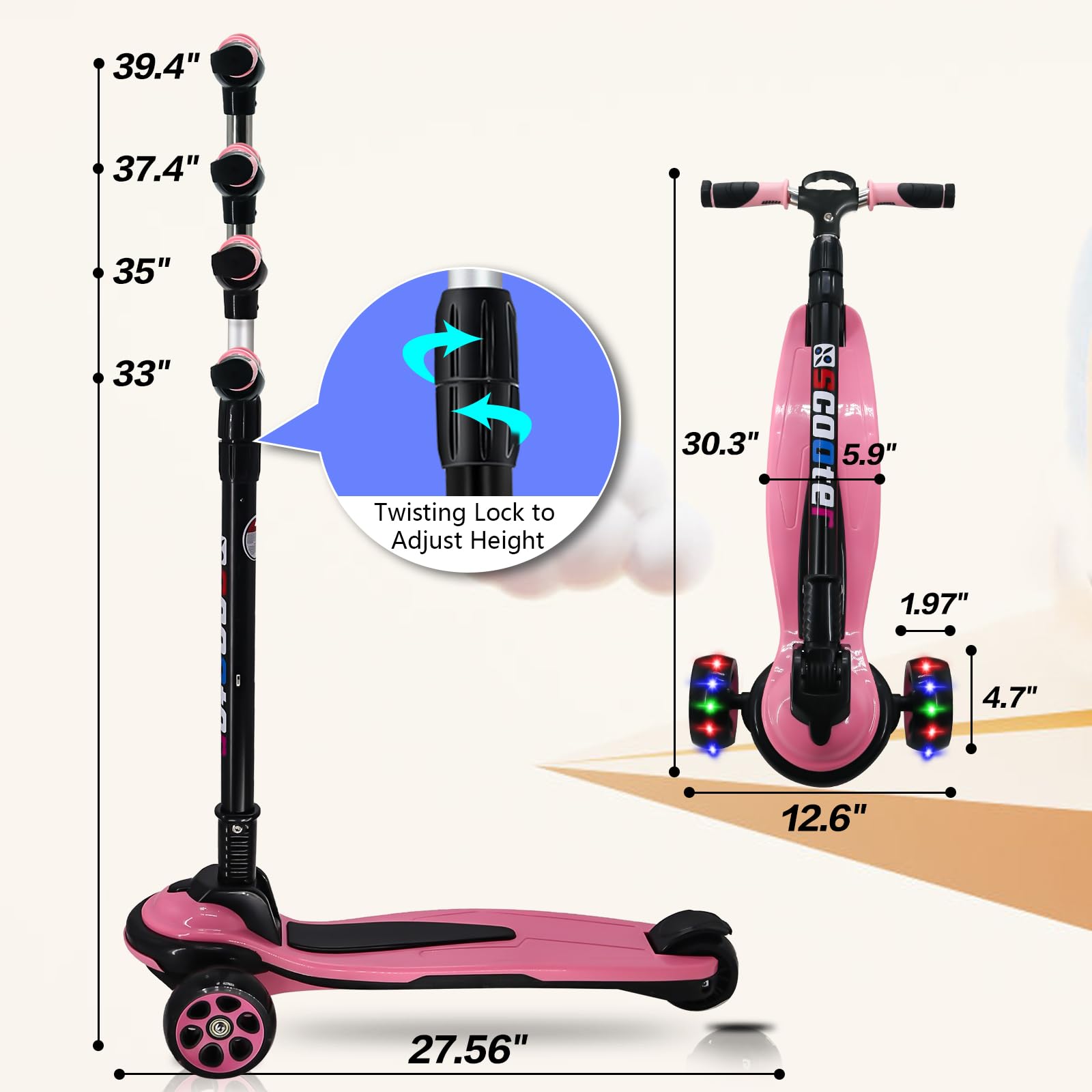 3 Wheels Kick Scooter for Kids Teens Ages 6-18 Years Extral Wide Deck 4 Adjustable Height and Foldable Handlebar LED Flashing Glider Push Scooter for Boys Girls