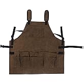 Waxed Canvas Woodworking Shop Apron, Large Capacity Tool Pockets, Cross Back Adjustable Shoulder Straps, Work Apron for Carpenters Electricians DIY