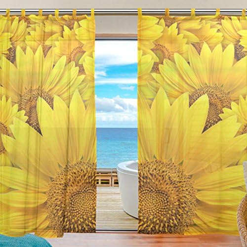 MRMIAN Decor Voile Tulle Door Window Curtain Drapes Romantic Sunflower Yellow Fashion Sheer Curtain Panels Pair for Bedroom Living Room 55x78 Inch