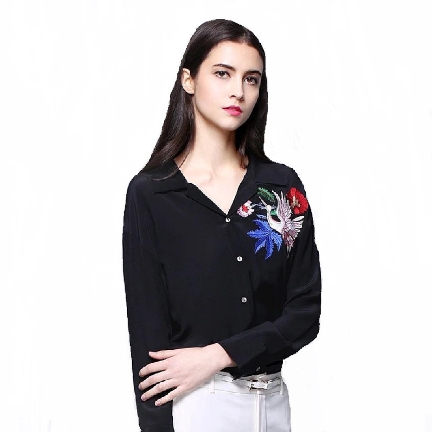 mizago women's casual floral embroidered black/white and solid olive green shirt