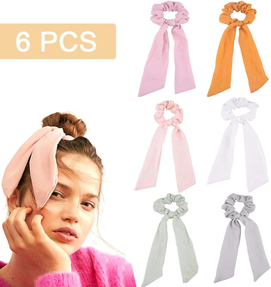 6Pcs Hair Scrunchies Silk Satin Elastics Hair Ties Scrunchy Hair Bands Rope Hair Bow Ponytail Holder Accessories for Women Girls