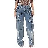 Lingt Chic Women's Y2K Baggy Cargo Jeans High Waisted Ripped Star Tassel Fringe Denim Pants Flap Pocket Stretch Streetwear