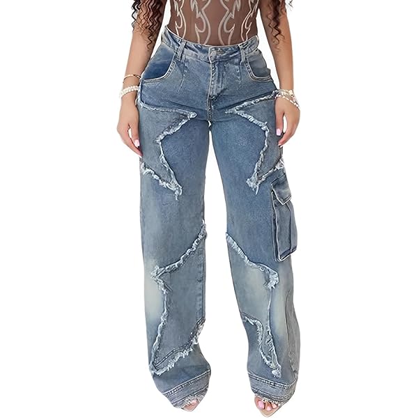 cffvdiz Blue,S, Women's Baggy Cargo Jeans Y2K Mid Waist Star