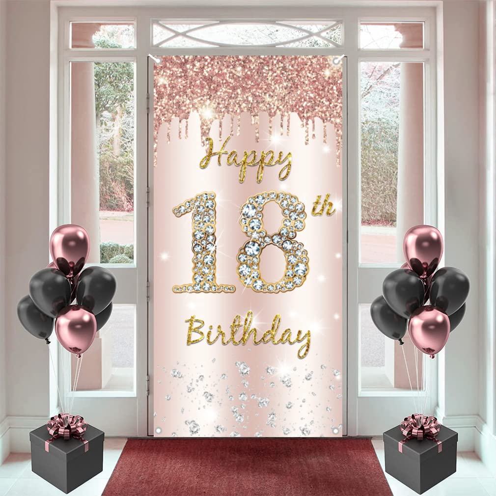 18th Birthday Decorations for Girls, Happy 18th Birthda y Backdrop Banner Rosegold Fabric Sign Poster, Girl 18 Birth day Door Banner Party Welcome Sign