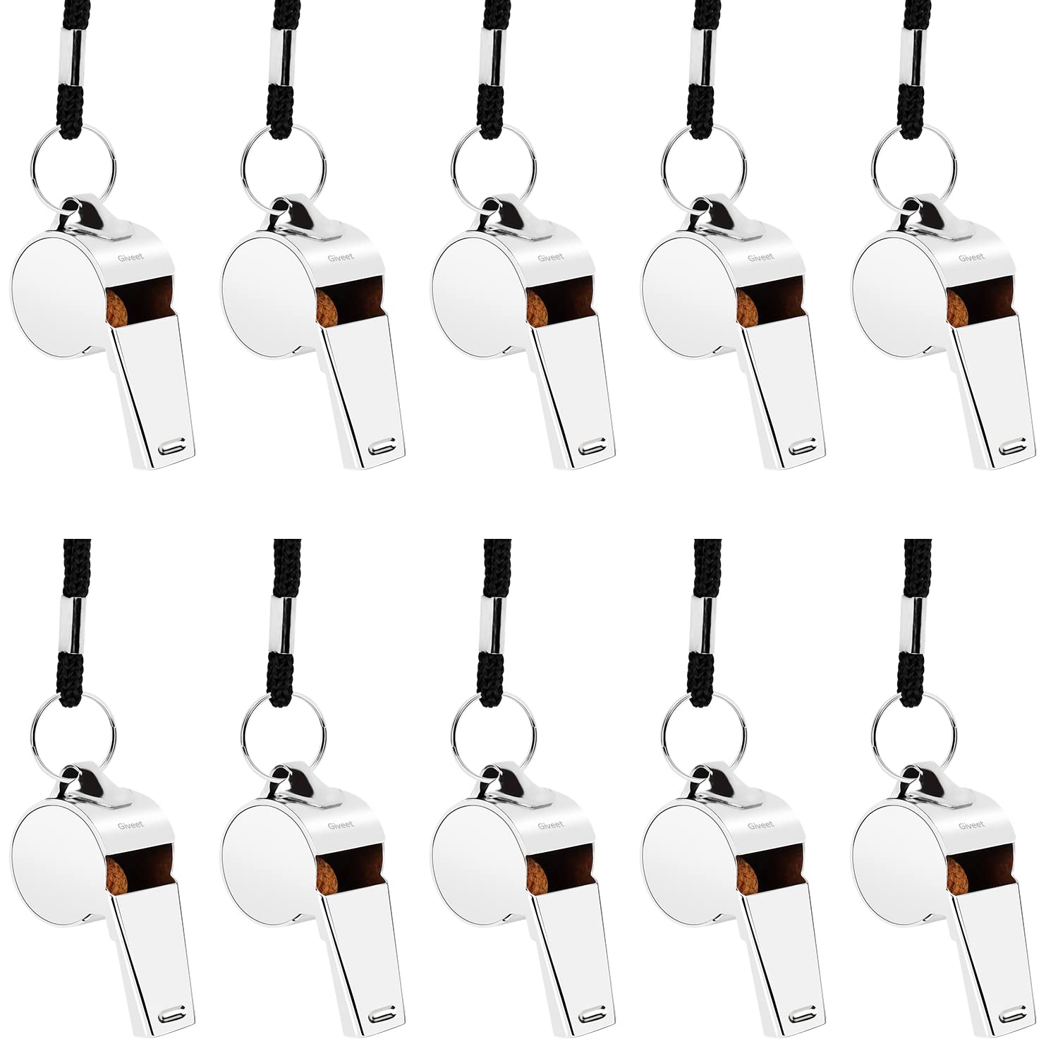 Giveet 10 Packs Metal Whistle with Lanyard, Stainless Steel and Durable, Extra loud Referee Coach Whistles for Football, Basketball, Soccer, School, Lifeguard Emergency