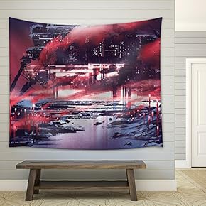 Sci-Fi Scene of Industrial City,Illustration Painting - Fabric Wall Tapestry Home Decor - 51x60 inches