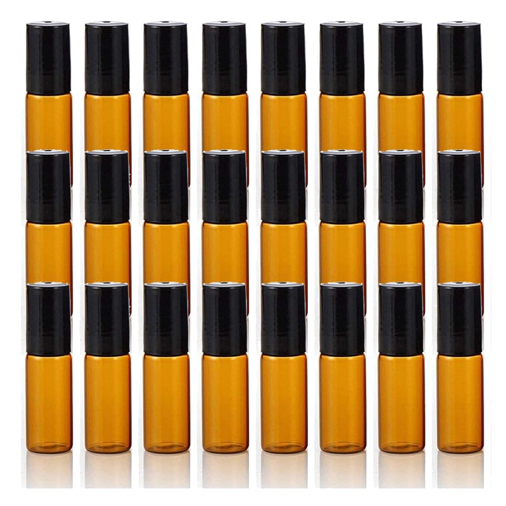 Voarge 24 x 5 ml Empty Glass Roll-On Bottles with Roller, Brown Amber Roll-On Glass Bottles, for Essential Oils, Lotions, Perfumes, Brown