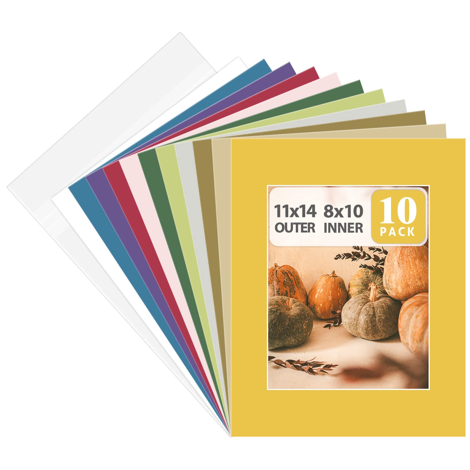 Golden State Art, Pack of 10 Mixed Colors Pre-Cut 11x14 Picture Mat for 8x10 Photo with White Core Bevel Cut Mattes Sets. Includes 10 High Premier Acid Free Mats & 10 Backing Board & 10 Clear Bags
