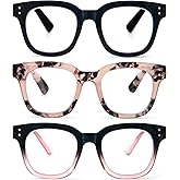REAVEE 3 Pack Retro Oversized Reading Glasses for Women Blue Light Blocking Cute Square Computer Readers Spring Hinge