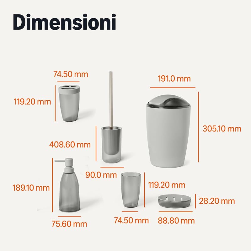 Ensemble d’Accessoires de Salle de Bain avec Porte-Brosse à Dents, Distributeur de Savon, Porte-Savon, Gobelet, Poubelle, Brosse pour WC et Support, Gris