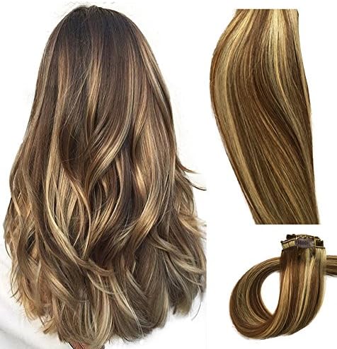 ChicFusion Clip in Hair Extensions Real Human Hair Extensions 70g Clip on for Fine Hair 7 pieces Silky Straight Remy Hair (20 inches, #6-613)