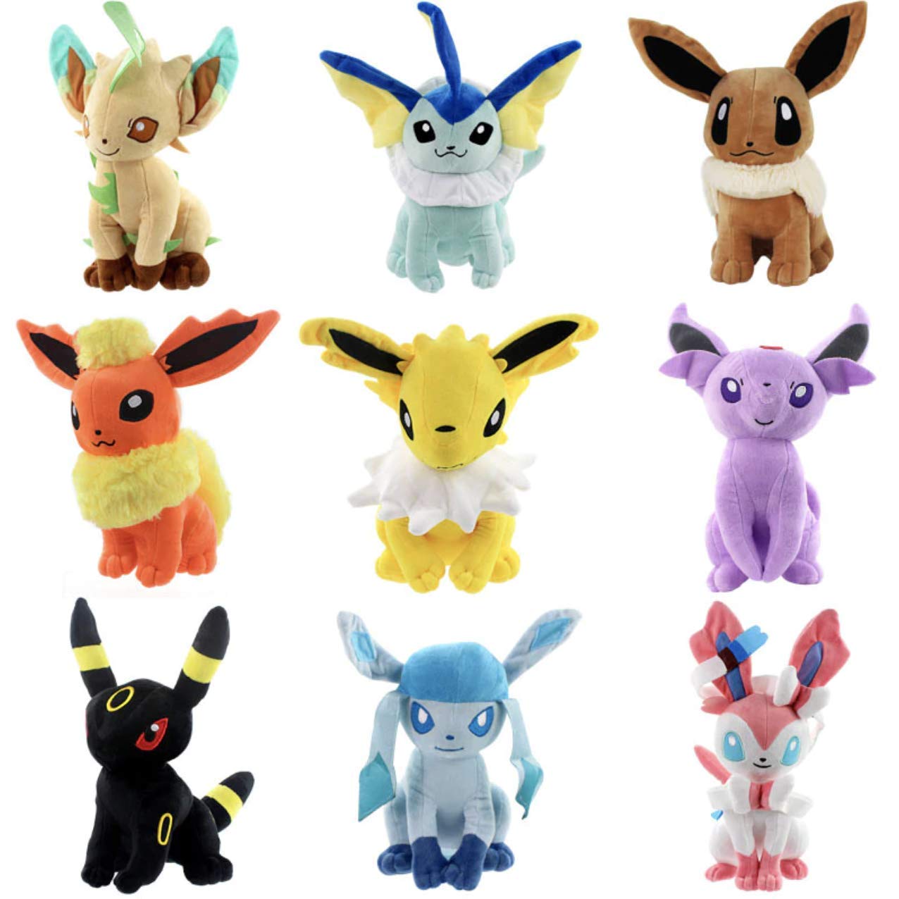 PAPCOOL Eevee Evolutions Plush Set of 9: Eevee Umbreon Sylveon Vaporeon Jolteon Leafeon Espeon Flare