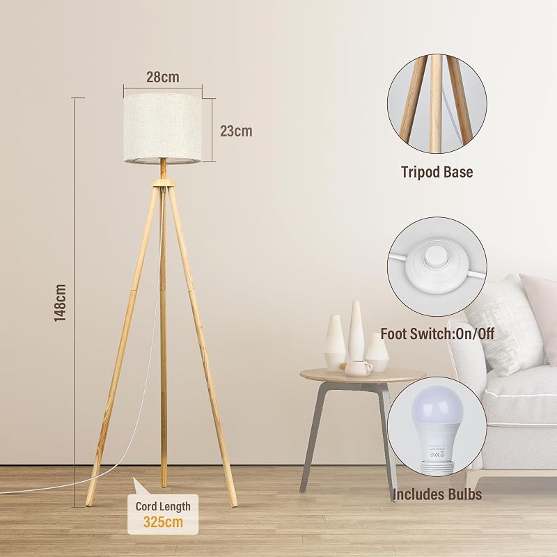 Lampada da Terra Treppiede in Legno Lampade da Terra Dimmerabile con E27 12W Lampadina 3 Colori Dimmerabili 3000K-6000K Piantana da Salotto con Telecomando per Soggiorno Camera Ufficio
