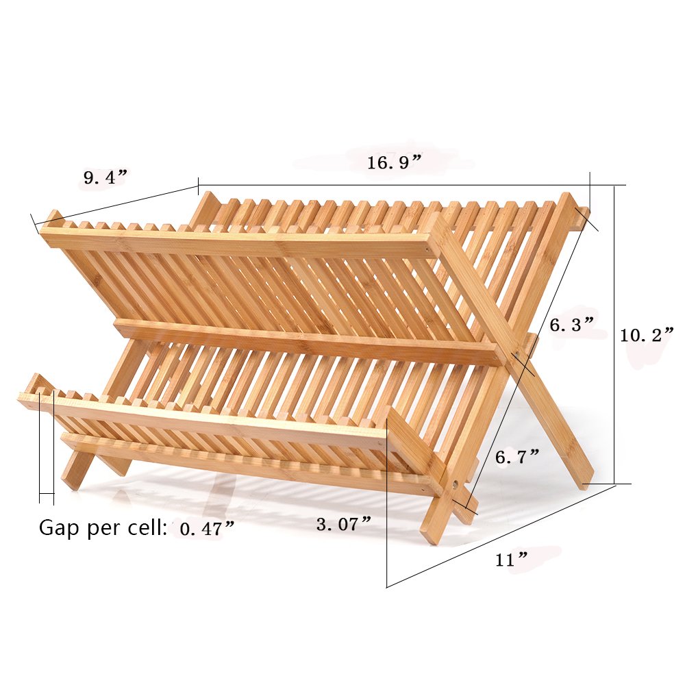 Natural Bamboo Dish Drying Rack, SZUAH Collapsible Dish Plate Drainer Rack, 2-Tier Dish Drying Holder, with 20 Slats, 17.5\