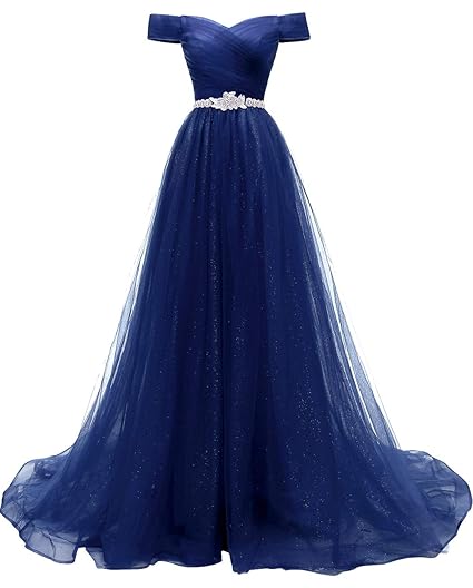 RJOAMEUDRESS Schulterfrei Abendkleider Tüll Prinzessin Lange Party Ballkleider mit Gürtel 2018
