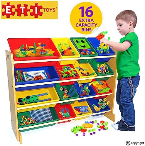 ETI Toys | 16 Multi Bin Toy Organizer (Beech) | 4 Extra Large Capacity Bins | Durable, Premium Grade MDF | BPA-Free Fun Storage Bins for Kids and Baby | Best Childrens Playroom Furniture Toys Storage
