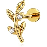 FINE4U 1PC Leaf Flat Back Stud Flat, Helix, Conch, Tragus 6mm 8mm - ASTM F136 Titanium Screw on Body Piercing Jewelry