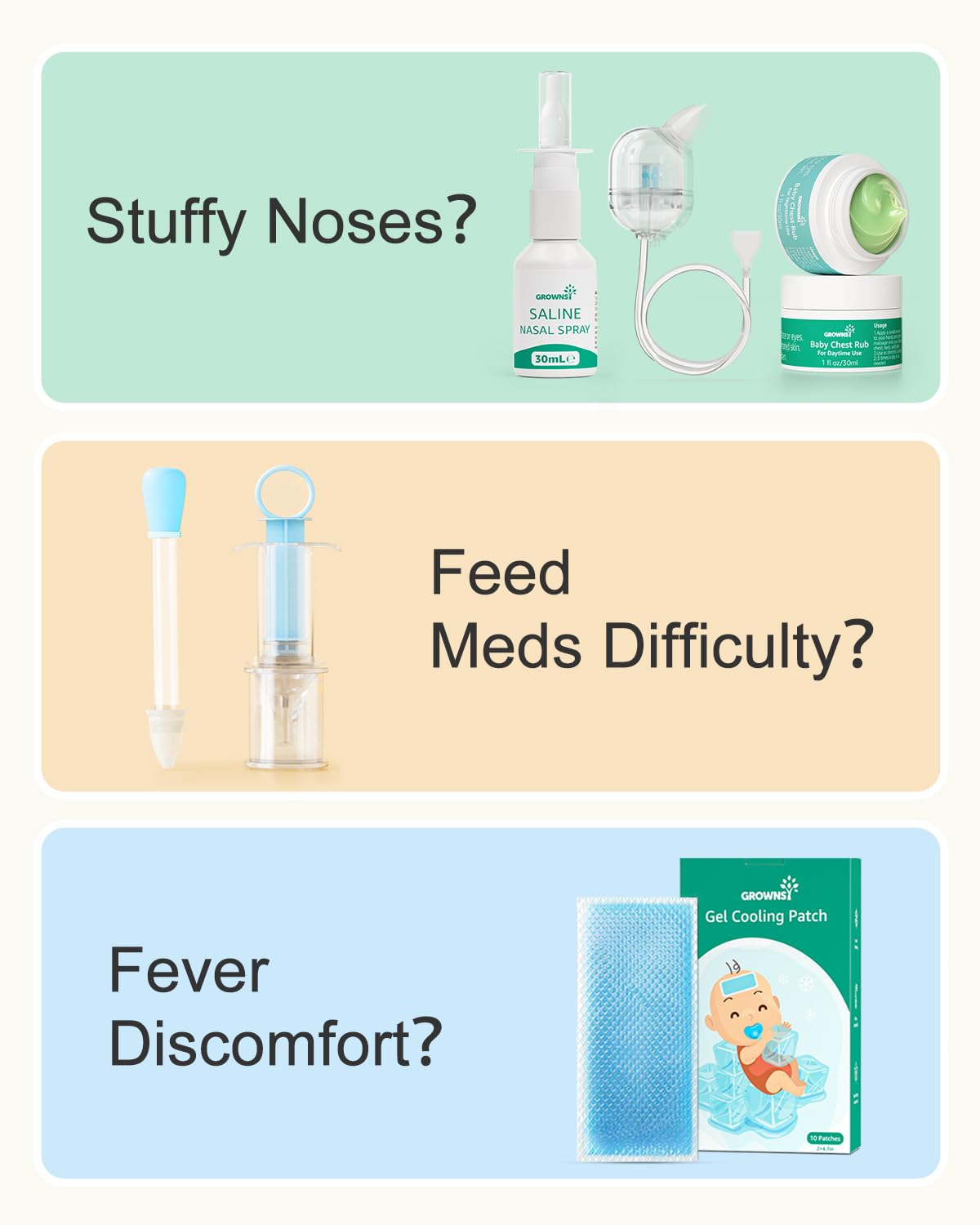 GROWNSY Baby Sick Day Care Kit, Saline Nasal Spray, Nasal Aspirator for Baby, 2 PCS Day & Night Chest Rubs, Baby Medicine Dispenser and Fever Patch for Kids
