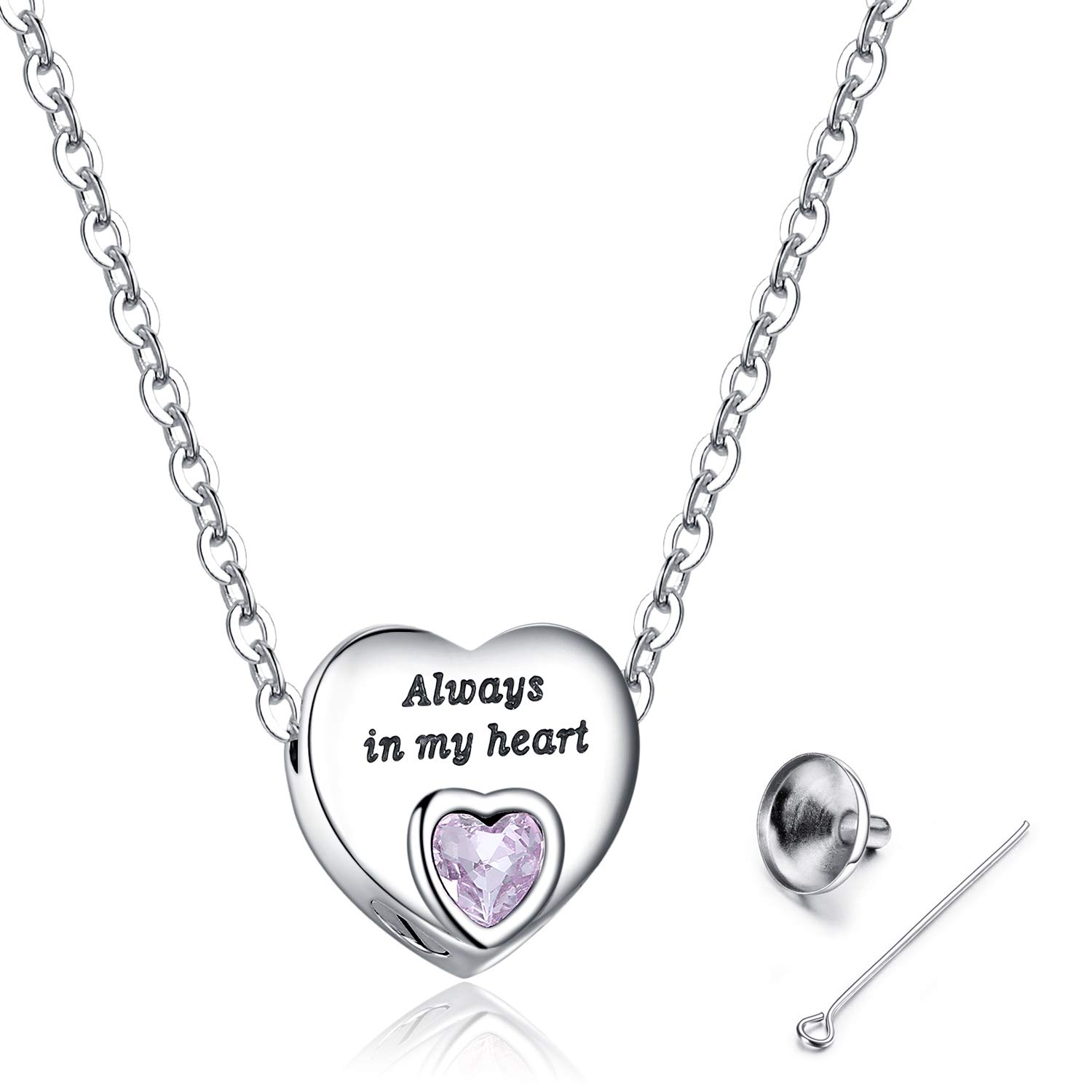 Heart Urn Necklaces for Ashes Birthstone Ashes Necklace Always in My Heart Cremation Jewelry Keepsake Memorial Necklace, 1 x 0.75 x 0.25 inches, Crystal, Cubic Zirconia