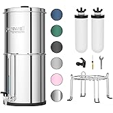 Purewell 3-Stage Gravity Fed Water Filter System, 2.25 Gallon Stainless Steel Countertop System with 2 Washable Ceramic Filters, Metal Water Level Spigot and Stand, Reduce up to 99% Chlorine, PW-OBT-K