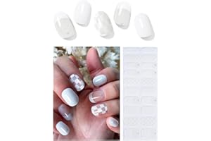 Wahrshei Semi Cured Gel Nail Strips | 20pcs French/White Plaid Semi Cured Gel Nails Sticker | Gel Nail Wraps UV for Home Nails DIY