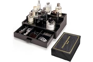 BRITEREE Cologne Organizer for Men, 3 Tier Wooden Cologne Stand with Drawer Storage and Hidden Compartment, Perfume Display Holder for Dresser, Great Gifts for Men and Women Christmas, Black