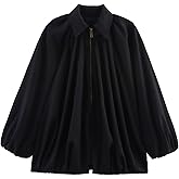 Talakeno Womens Puffed Bomber Jacket Casual Batwing Sleeve Lapel Collar Zip Shirts Oversized Pleated Streetwear Jackets