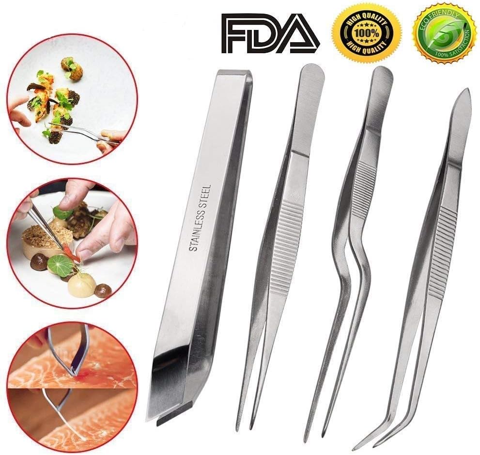 Cooking Tweezers Precision Tongs Tweezers, 4Piece Set 6.3 inches Stainless Steel Tongs Tweezer