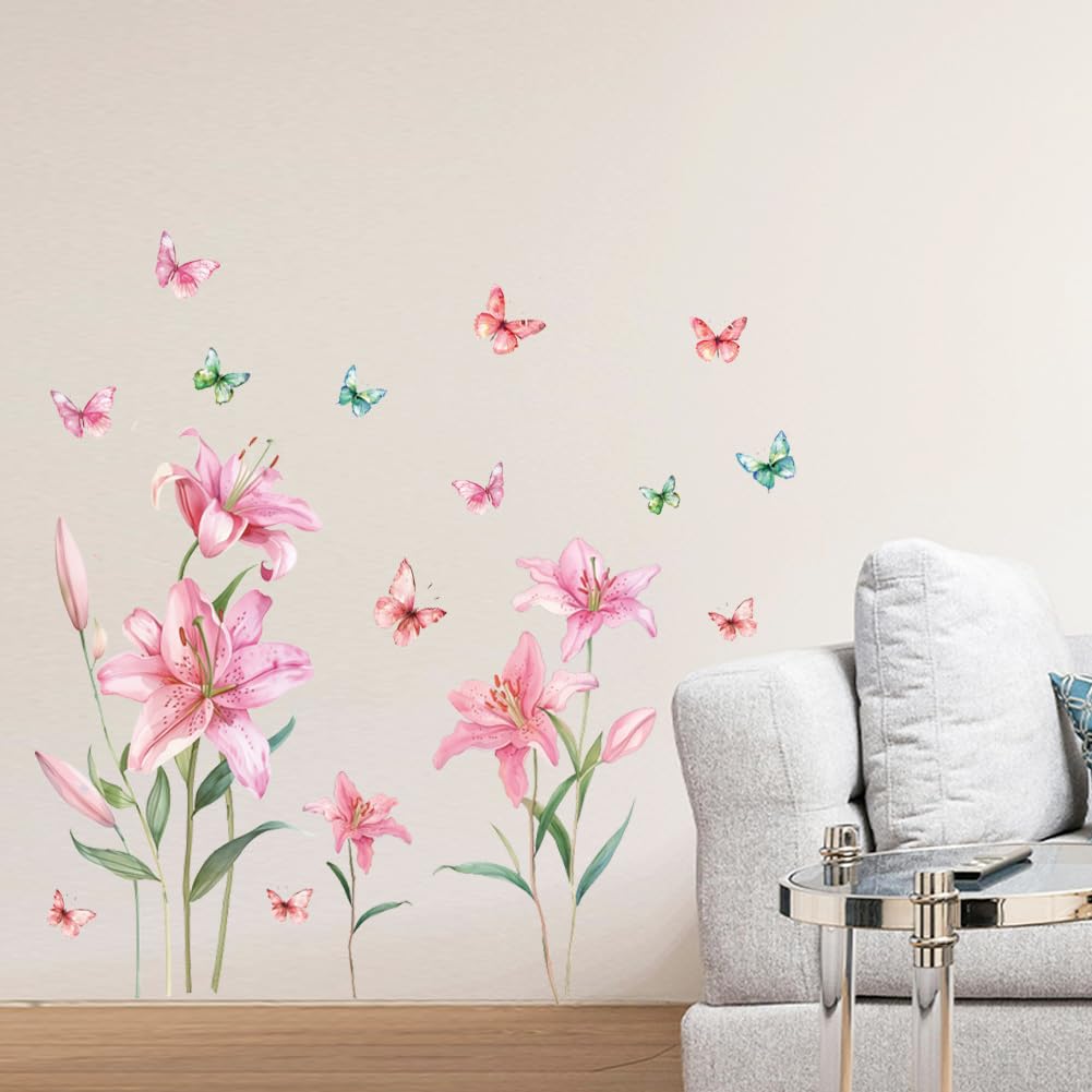 Peacoblue Lily Flower Wall Stickers Decals Decor Removable Peel and Stick, 2 Sheets 30cm×90cm Vinyl 3D Wall Murals for Bedroom Living Sewing Room Bathroom Nursery Classroom Playroom Home